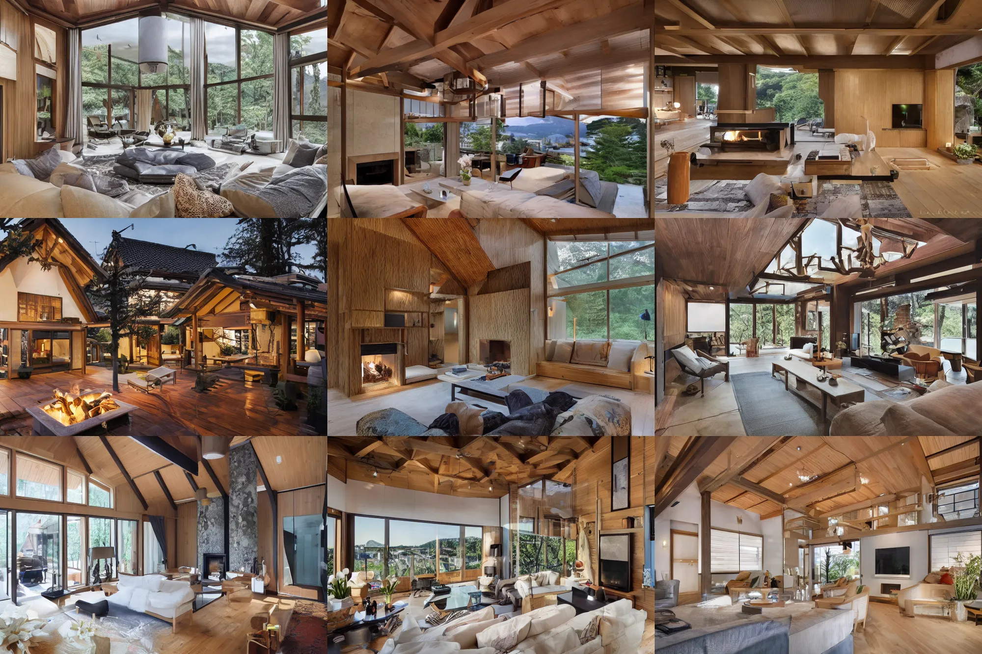 Prompt: luxurious wooden cottage, modern Japanese living room, Japanese flower arrangements, high-tech devices, traditional fireplace, architecture photography