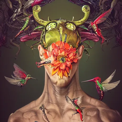 Prompt: head and shoulder portrait of xenomorph alien, surrounded by hummingbirds and fine floral ornaments, eye - level medium - angle shot, floral background, by esao andrews, by m. w. kaluta, by yoshita amano, by giger, moody evening lighting, smooth, 3 d octane render, depth perception, 4 k, artstation