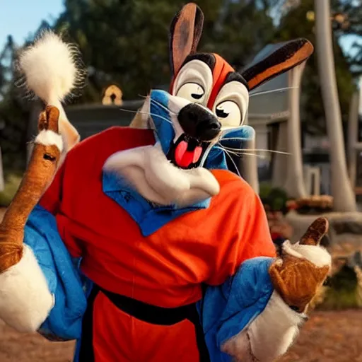 Image similar to Danny Trejo as Bugs Bunny from Looney Tunes, live action movie, set photo in costume, cosplay, photograph