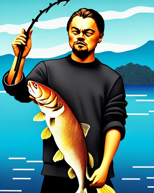 Image similar to photograph of leonardo dicaprio holding a carp in his both hands. movie poster, illustration by bartek fedyczak, erak note, tooth wu, neil richards, kan liu, siwoo kim, jisu choe, trending on art station