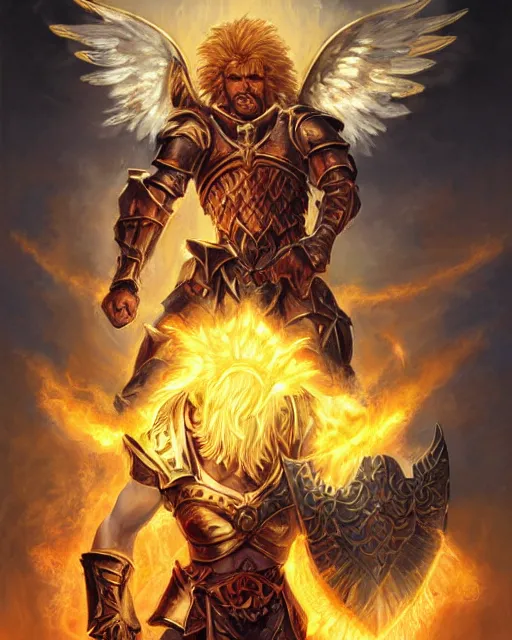 Prompt: mtg character portrait of a brawny male leonin knight african lion angel of justice, with fiery golden wings! of flame wearing shining plate armor, wielding flaming sword and holding large glowing shield, by peter mohrbacher, wadim kashin, greg rutkowski, larry elmore, george pemba, ernie barnes, raymond swanland, magali villeneuve, trending on artstation