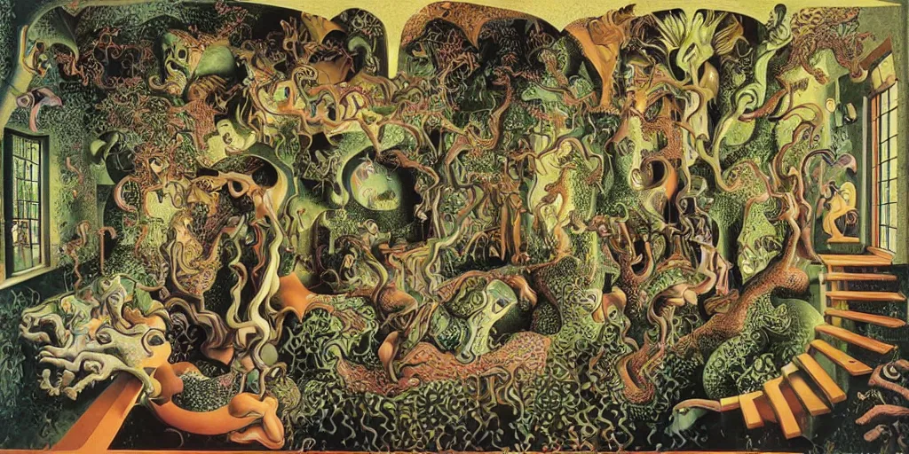 Image similar to basilisk, pain, pleasure, suffering, adventure, love, abstract oil painting by mc escher and salvador dali and raqib shaw sandman dream palace