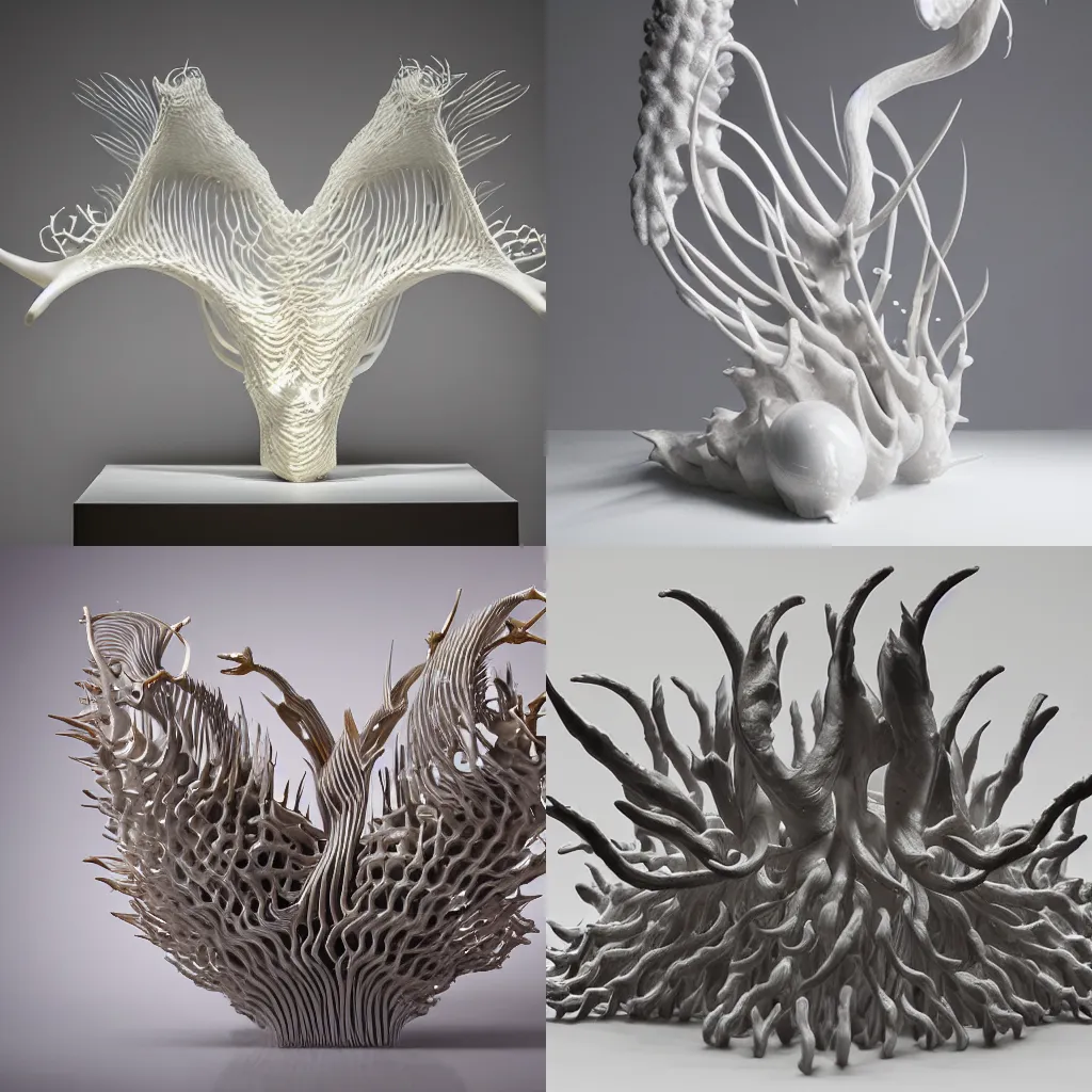 Prompt: Organic 3D printed sculpture of neurons, wings of a swan, horns, ridged spikes, bones, blobs, gills, folds, made of marble, on a plinth, 4K, bright, studio lighting, interior gallery, window, in the style of Juz Kitson, Neri Oxman