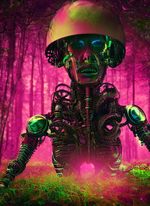 Prompt: a small psychedelic surreal horror cyborg in the chaotic spirit forest, fulcolor octane render, cinematic, ultra - realistic