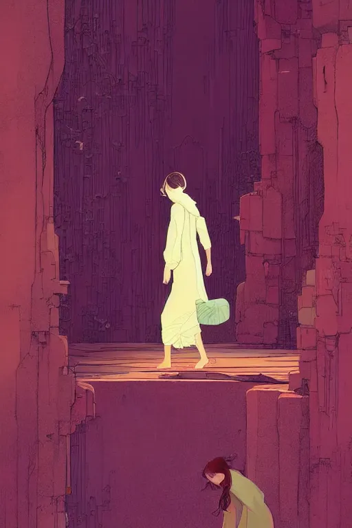 Image similar to a girl walking to a giant wooden door with archaic symbols embedded onto it in a cave with waterfall, digital art, illustrated by pascal campion and moebius and victo ngai, colorful comics style