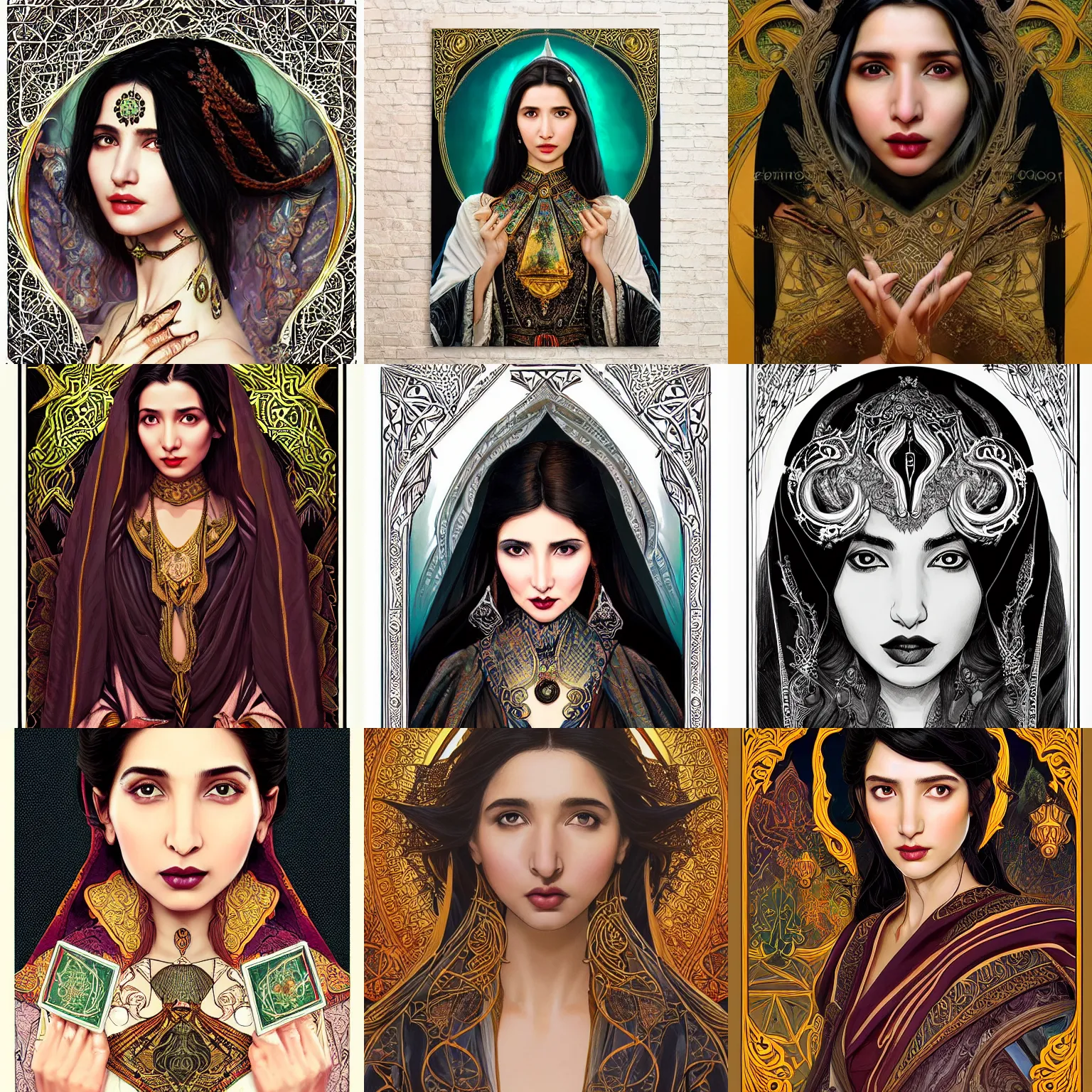 Image similar to head-on symmetrical centered painted portrait, Mahira Khan as a D&D wizard mage, black hair, no hands, ornate mage robes, art nouveau, tarot card style, fantasy, intricate, elegant, highly detailed, smooth, sharp focus, illustration, artstation, in the style of Artgerm and Anna Podedworna and Alex Ross and Mucha