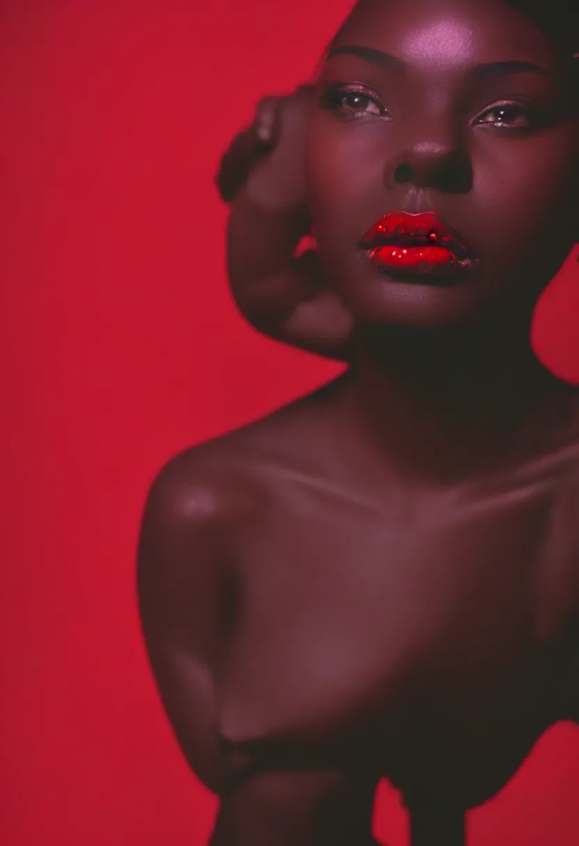 Image similar to medium shot, photograph of alluring dark skin young woman looking into camera, red lipstick, hundreds of cables and wires extruding from her head, sharp focus,, chromatic abberations, as fashion editorial 90s, kodak ektachrome