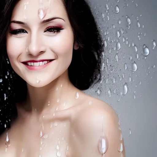 Image similar to professional headshot of an elegant female vampire smiling, the side of her face is sprayed with droplets of blood. high resolution, realistic, professional lighting, nikon camera, 8 k, imdb. com