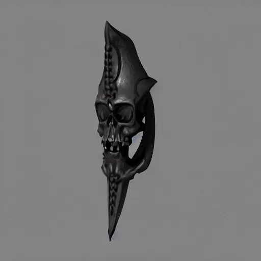 Prompt: a black sword skull, ornament, on a gray background, a 3 d render by dom qwek, studio lighting, raytracing, trending on polycount, futurism, hard surface modeling, rendered in maya, 3 ss max, blender, artstation hd