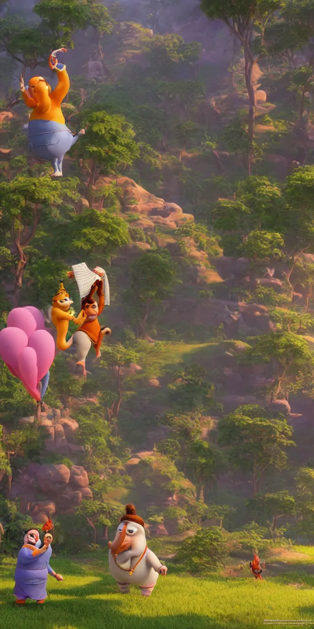 Prompt: ganesh and siddhartha as a pixar disney characters from up 2 0 0 9 unreal engine octane render 3 d render photorealistic