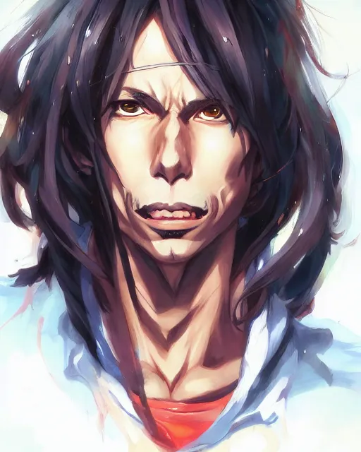 Image similar to anime portrait of Steven Tyler as an anime man by Stanley Artgerm Lau, WLOP, Rossdraws, James Jean, Andrei Riabovitchev, Marc Simonetti, and Sakimichan, trending on artstation