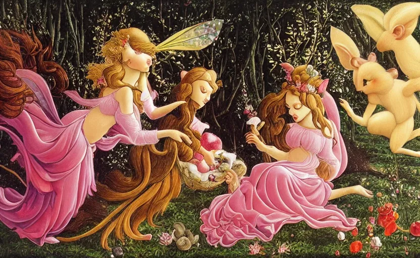 Prompt: magical sparkly mice, dancing, sleeping, sugar plums, fairy, gay, cinematic, concept art, painting, painted by botticelli