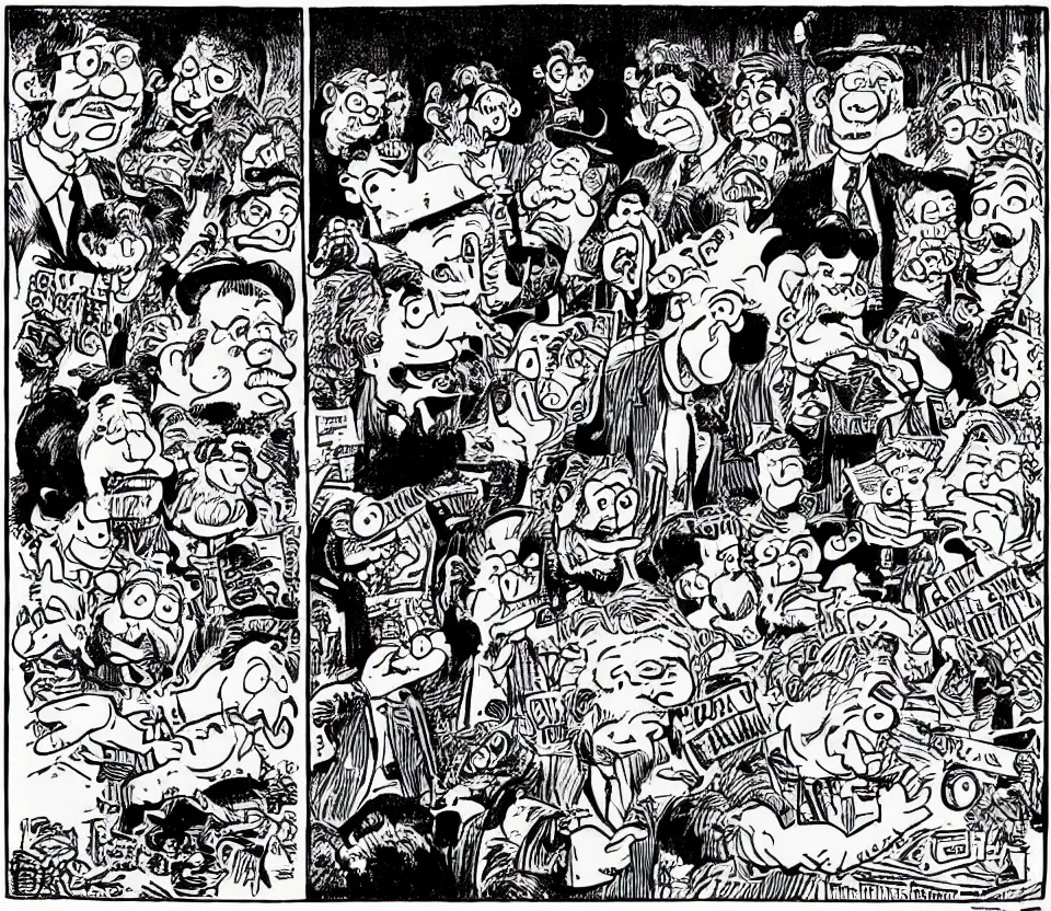 Image similar to r crumb cartoon of bert and ernie as caricaturized humans discovering the truth