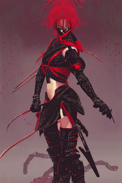 Image similar to portrait Ninja gaiden girl, armored black and red ninja wardrobe, in ruin japanese rainny temple night, ssci-fi and fantasy, intricate and very very beautiful and elegant, highly detailed, digital painting, artstation, concept art, smooth and sharp focus, illustration, art by tian zi and WLOP and alphonse mucha