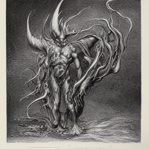 Image similar to full body grayscale drawing by Gustave Dore of horned muscled humanoid demon, engulfed in swirling flames