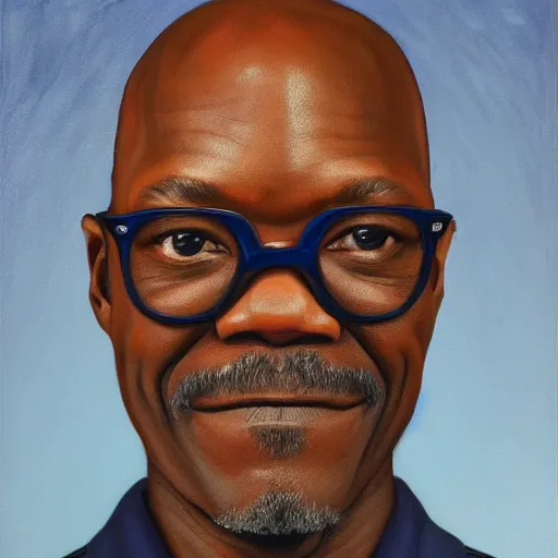 Image similar to A portrait of Samuel Jackson, (((half of his face is a skeleton))), dark blue gradient background, realistic, oil painting