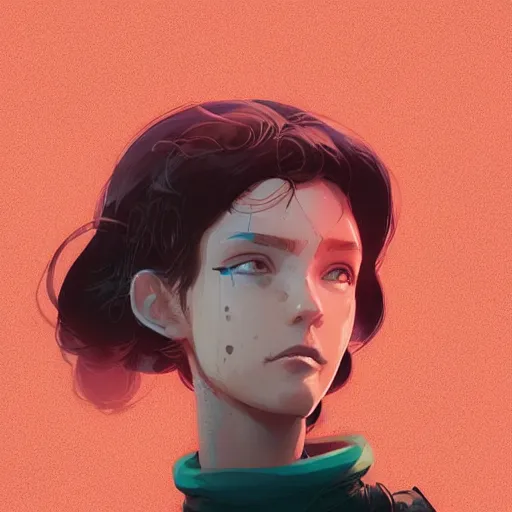 Prompt: Highly detailed portrait of a cyberpunk young lady with, freckles and wavy hair by Atey Ghailan, by Loish, by Bryan Lee O'Malley, by Cliff Chiang, by Greg Rutkowski, inspired by image comics, inspired by graphic novel cover art, inspired by nier!! Gradient color scheme ((grafitti tag brick wall background)), trending on artstation