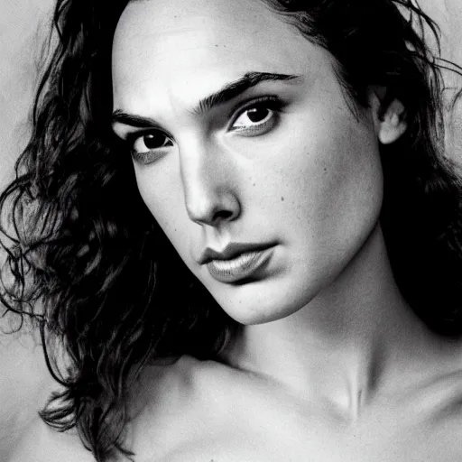Image similar to photo of Gal Gadot by Diane Arbus, extreme closeup, black and white, high contrast, macro lens