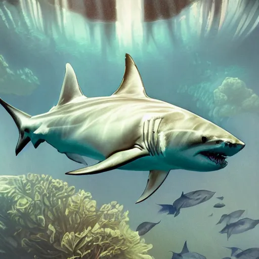 Image similar to great white shark, traffic cones as fins, underwater background detailed atmospheric - ron cheng & alphonse mucha, highly detailed, digital painting, ray tracing, concept art, illustration, smooth sharp focus, intricate, symmetry, artstation,