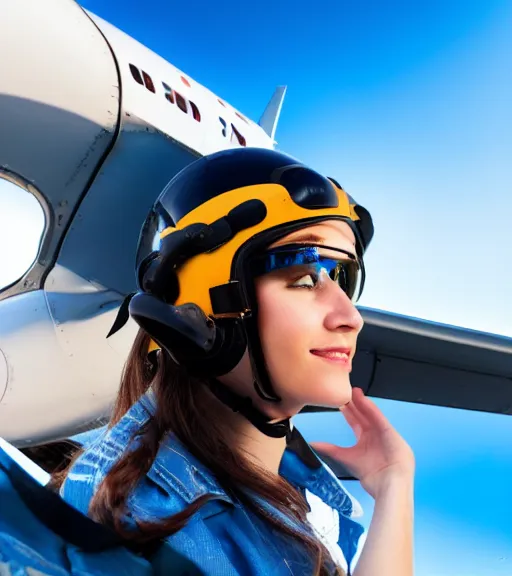 Prompt: a young woman, pilot helmet on, pilot a airplane, blue sky, composition