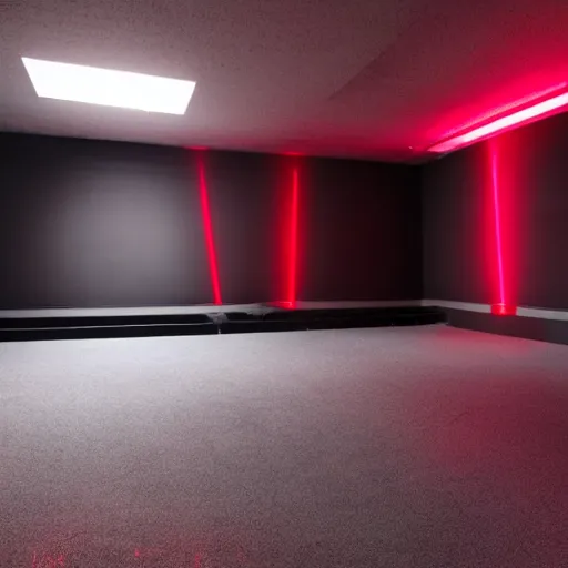 Image similar to a pitch black room with a hanging red light in the center,