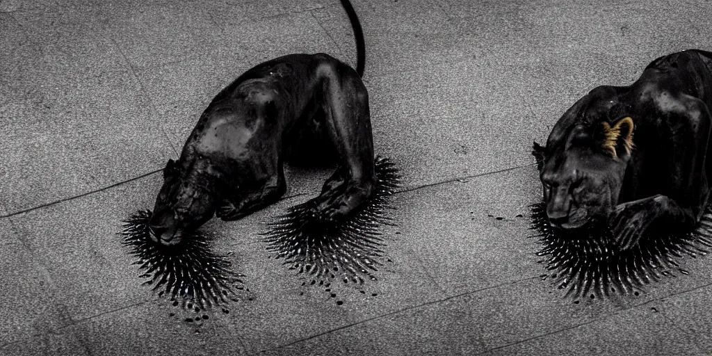 Image similar to the black lioness made of ferrofluid, dripping tar, drooling ferrofluid, crawling out of the air vent. dslr, photography, animal photography, goo, reflections, sticky, melting