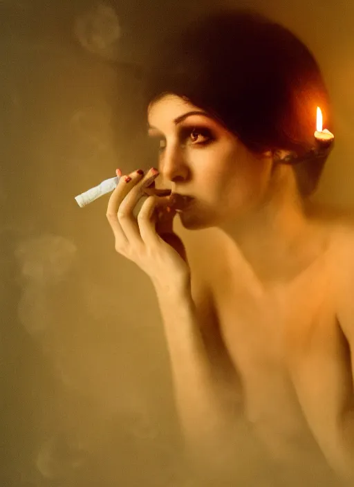 Prompt: a photo of a woman in a dark room wearing lace smoking a cigarette advertisement photography by mucha, candlelight, smoke, mist, extremely coherent, sharp focus, elegant, sharp features, render, octane, detailed, award winning photography, masterpiece, rim lit