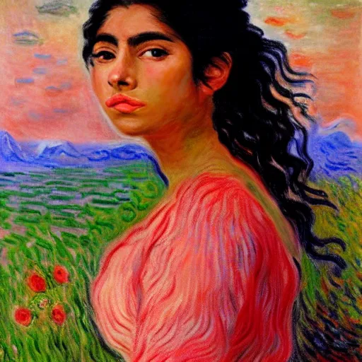 Prompt: beautiful tan mexican woman, landscape, prominent rosy cheek bones, black hair and brown eyes, monet and da vinchi art style,