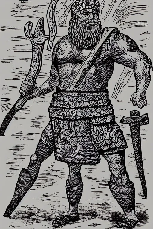 Image similar to ancient historically accurate depiction of the Bible Character Goliath of Gath, the Philistine warrior giant by mcbess