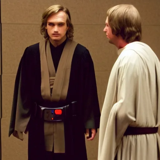 Image similar to jedi master anakin skywalker in jedi robes talking to saul goodman in a suit in court, us court, better call saul scene 1 0 8 0 p, court session images, realistic faces