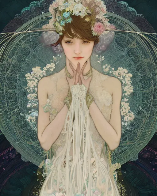 Prompt: Ethereal Floralpunk elysian Maiden of radiant light wearing ivory lace dress made of stardust masterpiece digital illustration by Ruan Jia and yasumoto oka, award winning, Artstation, art nouveau aesthetic, Alphonse Mucha background, intricate details, realistic, full view, Hyperdetailed, 8k resolution, Artstation, behance