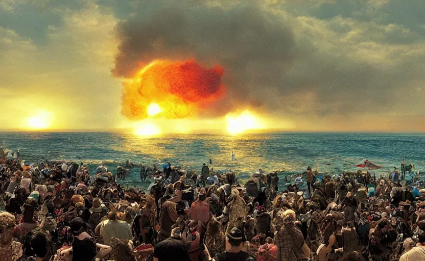 Prompt: sunny day ocean big explosion on the horizon and crowd watching war apocalyptic photorealistic