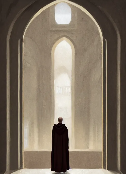 Image similar to symmetry!! oil painting of a tonsured dominican monk in a brown habit, looking out of a monastery window contemplatively, a majestic cathedral in the background, hazy, digital art, artstation, cinematic, golden hour, digital art painting by greg rutkowski, cozy atmosphere, cinematic lighting