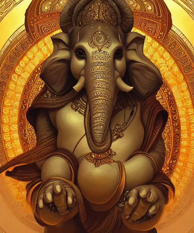 Prompt: intergalactic ganesha, mandala, fantasy, intricate, elegant, highly detailed, digital painting, artstation, concept art, matte, sharp focus, illustration, art by artgerm and greg rutkowski and alphonse mucha