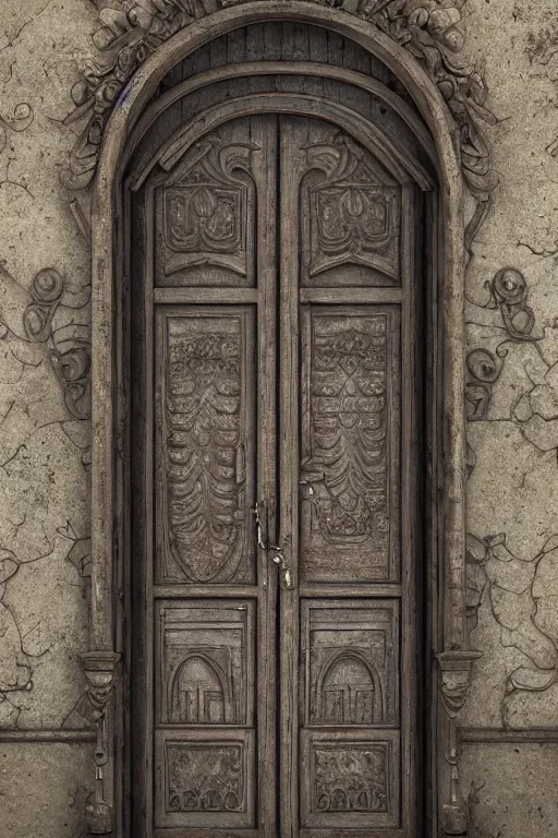 Prompt: a huge old heavy weathered wooden door made with rush plant ornaments in bright metalllic element, ornate, fantasy, photorealistic, octane render, volumetric light, high definition, ultra detailed, artstation, deviantart, cgsociety