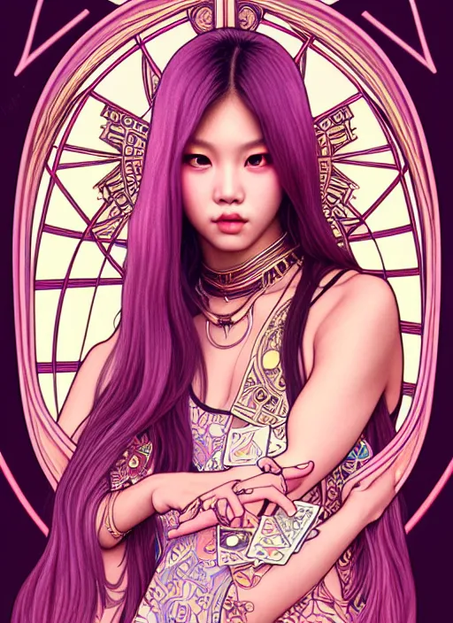 Image similar to jennie manoban of blackpink, tarot card, highly detailed, digital painting, smooth, sharp focus, illustration, ultra realistic, 8 k, art by artgerm and alphonse mucha