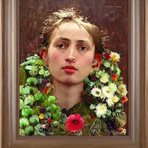 Image similar to a sculpture portrait made of kiwi and strawberries and flowers and plants, painting part by wojciech siudmak, part by ilya repin, part by max ernst, part by norman rockwell, artstation