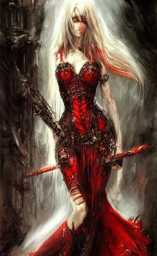 Prompt: Concept art Gothic princess in dark and red dragon armor. By Joseph Mallord William Turner, Luis Royo, artstation trending, Rembrandt, highly detailded