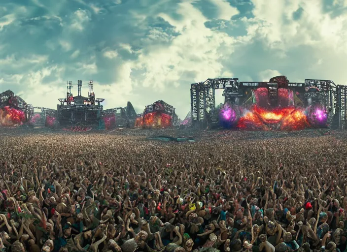 Image similar to ultra realistic, wide angle view of the mainstage of defqon 1 music festival in 2 0 5 0 by chris foss, futuristic, octane render, sharp focus cinematic lighting, dramatic perspective, highly detailed, ultra realistic, masterpiece, 4 k, 8 k