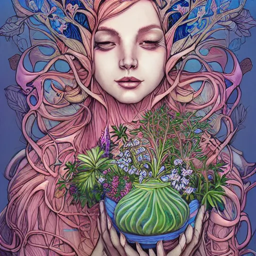 Image similar to goddess of plant medicine art by james jean and art by loish highly detailed painting trending on arstation vivid colors earth spirit