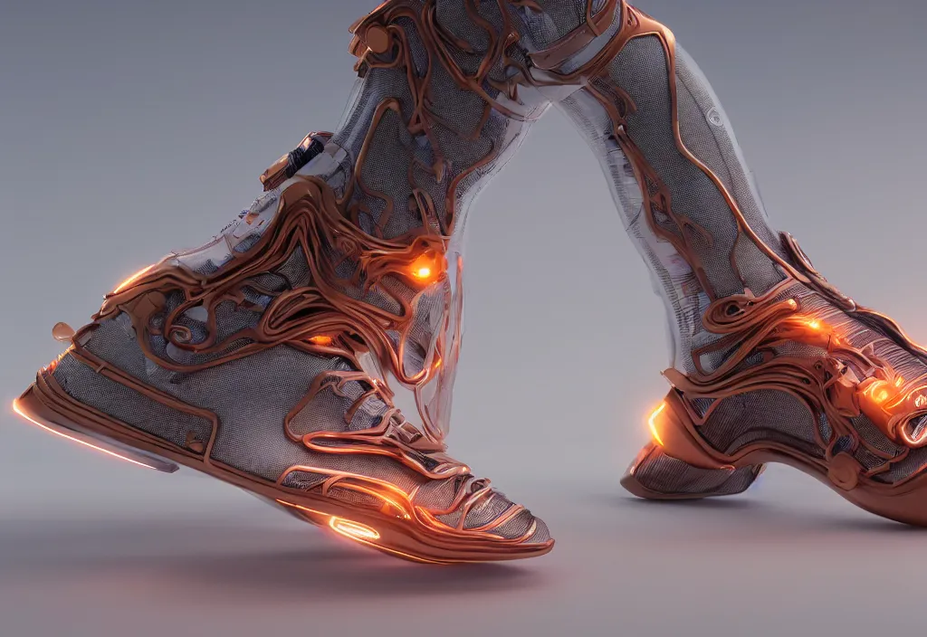 Prompt: futuristic sneaker with neon illuminated rubber soles and soft orange laces on a grey surface, clean 3 d render, beautiful studio lighting, soft, sharp focus, cyberpunk, intricate detail, gold and red filigree, soft rubber, octane render, trending on artstation, deviantart, art by iris van herpen and syd mead and mucha