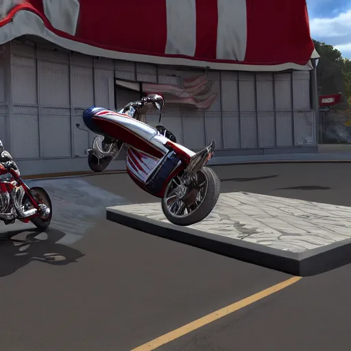 Prompt: evel knievel jumping over vehicles on harley davison 3 d studiomax, maya 3 d, unrealengine, 4 k, 8 k, hdr, extreme render, mind - bending reality, hyper detailed, wide angle ultra - vivid, photo - realistic nikon 3 5 mm, photograph