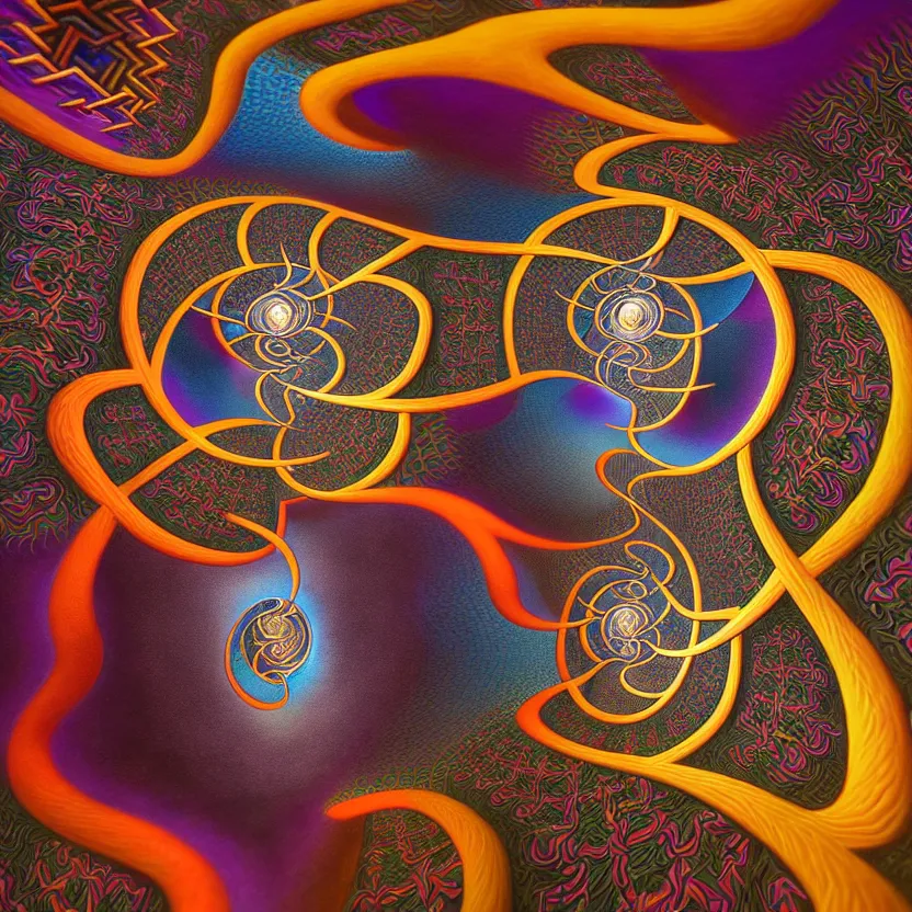 Image similar to 3 d render of infinite fractals of consciousness, recursion, symbols, surreal, by salvador dali and mc escher and alex grey, oil on canvas, hd, dreams, intricate details, warm colors, octane render