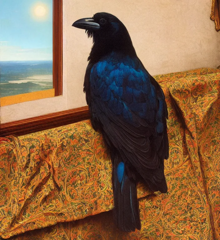 Image similar to a beautifully photoreal clear detailed victorian portrait of a close up raven on a victorian windowsill with an ornate velvet teal curtain at beautiful sunset daytime nature sunlit painting by frederic leighton and turner and rosetti, 8 k, octane render