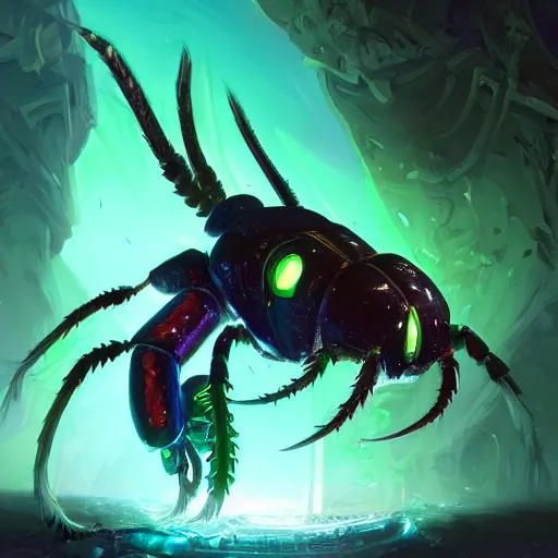 Image similar to a giant glowing worm beetle, worm monster, worm beetle, horned beetle, horned beetle, green theme, bright art masterpiece artstation. 8 k, sharp high quality artwork in style of jose daniel cabrera pena and greg rutkowski, concept art by tooth wu, blizzard warcraft artwork, hearthstone card game artwork, horned worm