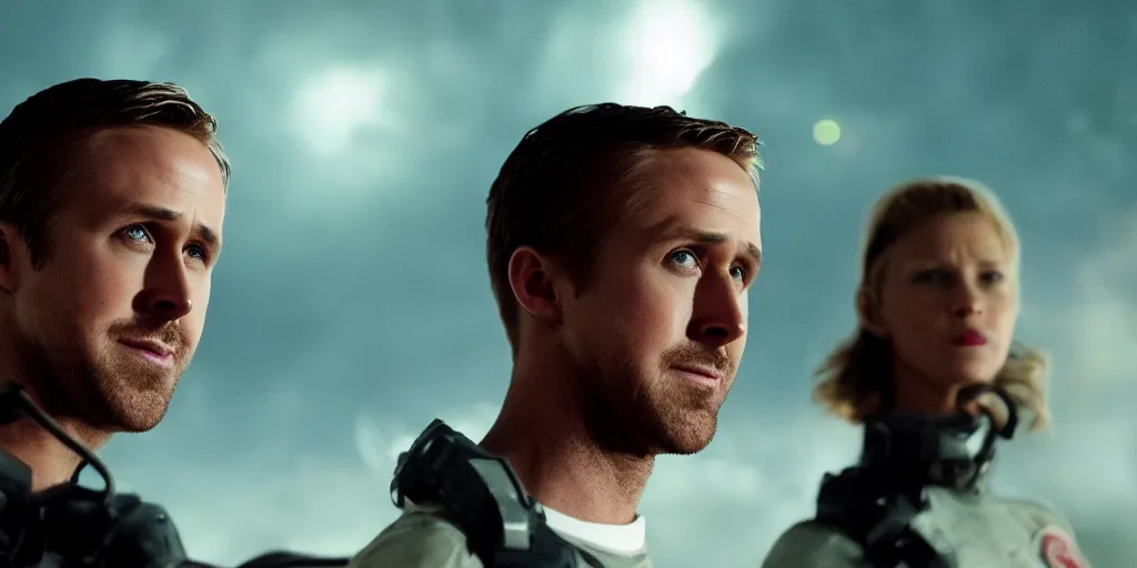 Image similar to Ryan Gosling vs Aliens, hyper realistic, 4k, 8k, cinematik, post-processing highly detailed