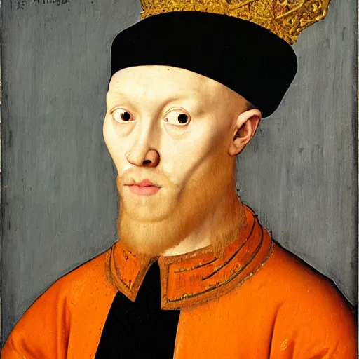 Prompt: portrait of king man with an orange cats head, oil painting by jan van eyck, northern renaissance art, oil on canvas, wet - on - wet technique, realistic, expressive emotions, intricate textures, illusionistic detail - n 9 - i