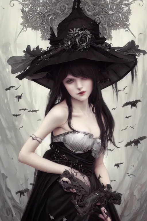 Image similar to portrait of radical lolita girl, dreamy and ethereal and dark, dark eyes, silver hair, smiling expression, ornate goth dress, dark fantasy, chaotic, elegant, black crows flying, highly detailed, digital painting, artstation, concept art, smooth, sharp focus, illustration, art by artgerm and greg rutkowski and alphonse mucha