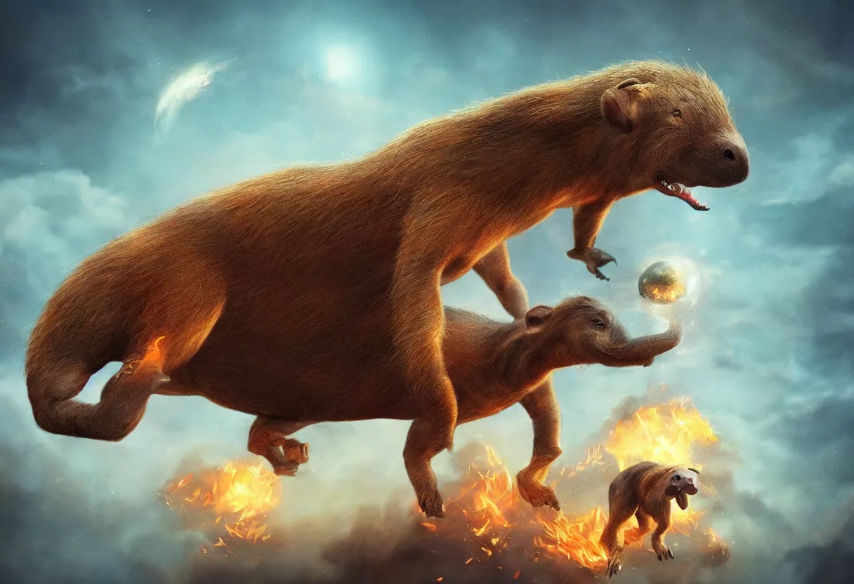 Image similar to a mutant capybara hybrid of velociraptor and elephant floating in space, cinematic, fire, hyperrealistic, trending in artstation, style of wlop