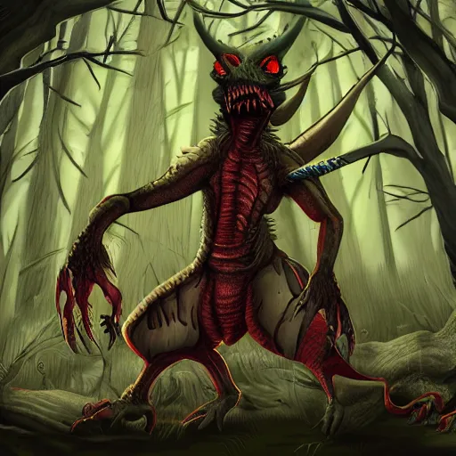 Image similar to big butcher anthropomorphic male lizardfolk posing scarily, scary angry pose, covered in blood, fresh kill, cleaver, in a forest, earie setting, lovecraft, eldritch, horror, hyperdetailed, furaffinity, furry art